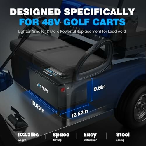 48V golf cart battery with dimensions and features highlighted.
