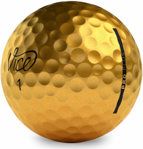 A golf ball box with a gold ball, Vice Golf Pro Plus Gold, with its packaging and branding visible.