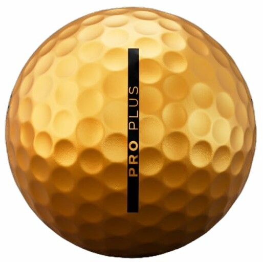 A person holding a golf ball, Vice Golf Pro Plus Gold, with a golf club in the background ready for their next shot.