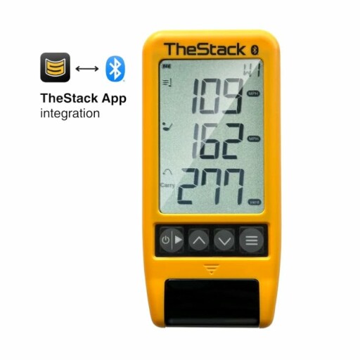 Golfer using TheStack Radar for swing analysis with smartphone compatibility.