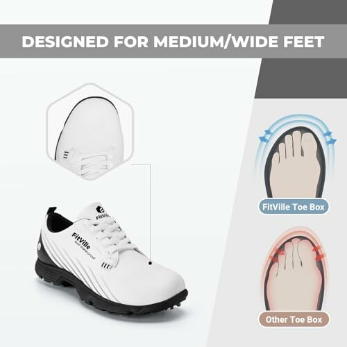 Athletic shoe designed for medium/wide feet with toe box comparison.