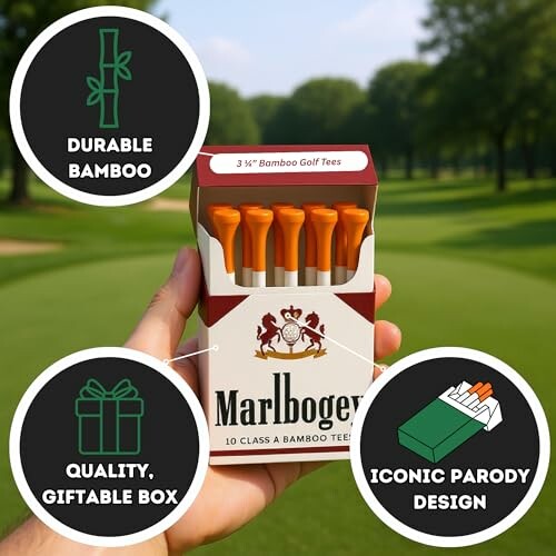 Parody pack of bamboo golf tees resembling a cigarette box.