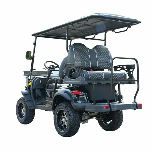 Black golf cart with four seats and canopy.