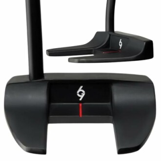 Black golf putter with red alignment line.