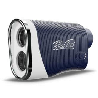 Blue golf rangefinder with two lenses and logo.