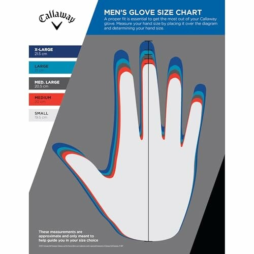 Callaway men's glove size chart with hand outline and measurements.