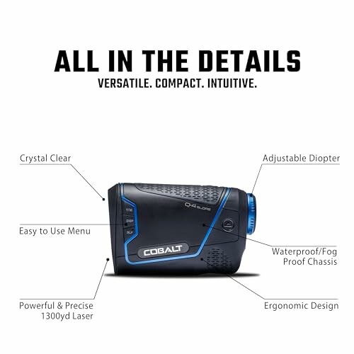 Cobalt rangefinder with features like crystal clear lens, adjustable diopter, ergonomic design, and waterproof casing.