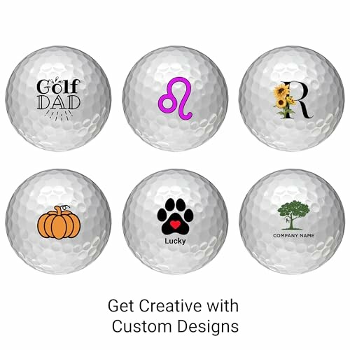 Six golf balls with various custom designs including text and symbols.