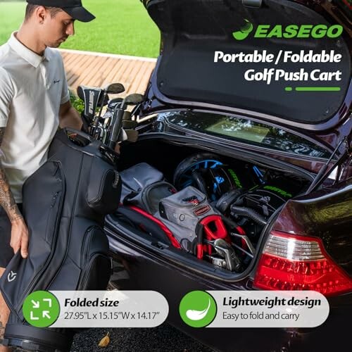 Man placing golf bag in car trunk with Easego portable foldable golf push cart.