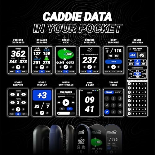 Golf app features including GPS distance, hazards, green view, driving distance, shot tracking, score keeping, and more.