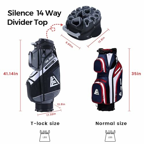 Comparison of two golf bags with divider top and sizes.
