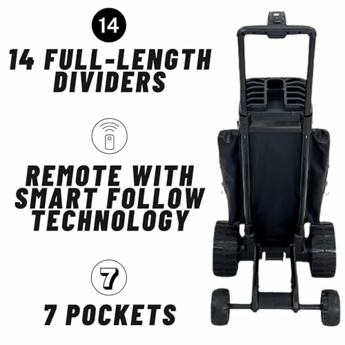 Golf bag with 14 dividers, remote follow technology, and 7 pockets.