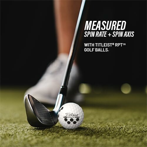 Close-up of a golf club and ball with text about spin rate and spin axis measurement using Titleist RPT technology