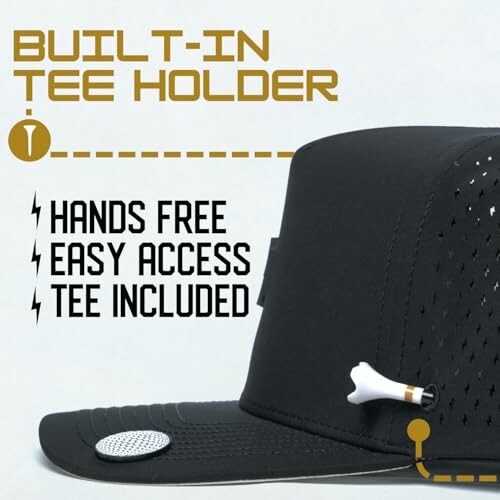 Black cap with built-in golf tee holder and text about hands-free use.