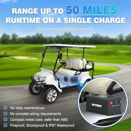 Electric golf cart with highlighted battery, showcasing 50 miles range on a single charge.
