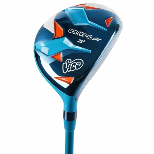 Golf club with blue and orange design.