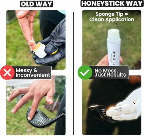 Comparison of old and new golf club cleaning methods, showing messy application versus clean sponge tip.