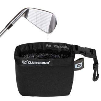 Golf club with cleaning pouch dripping water.