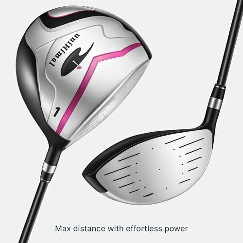 Two golf club driver heads with pink and black details on a gray background.