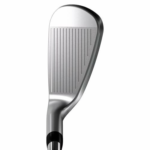Close-up of a golf club iron face with grooves