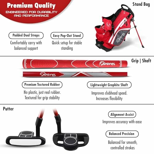 Golf club set features including padded dual straps, pop-out stand, textured rubber grip, and lightweight graphite shaft.