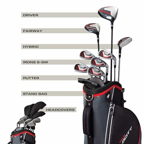 Complete golf club set with driver, fairway wood, hybrid, irons, putter, stand bag, and headcovers.