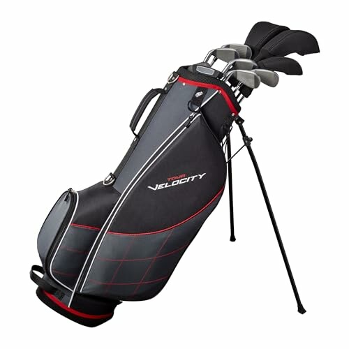 Golf club stand bag with clubs inside, featuring black and red design.