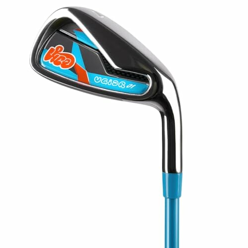 Golf club with blue grip and colorful design.