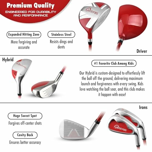 Premium quality golf clubs including driver, hybrid, and irons with features highlighted.
