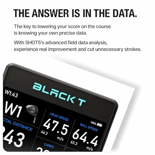 Golf data analysis device showcasing field data like total distance, swing speed, and ball speed.