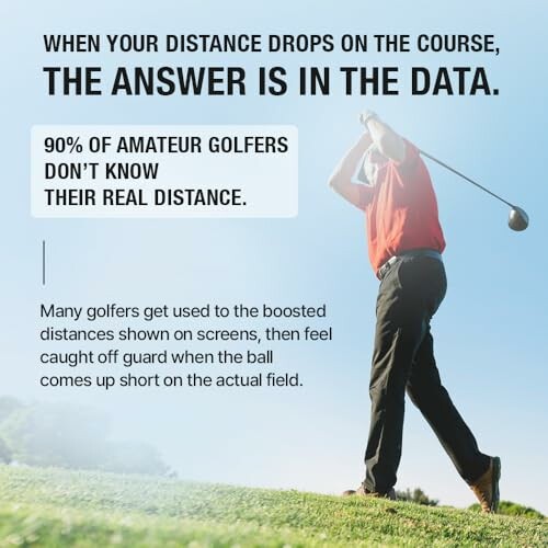 Golfer swinging club with text about real distance awareness.