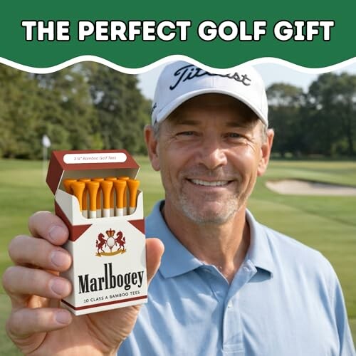 Man holding Marlbogey golf tees package with golf course in background.
