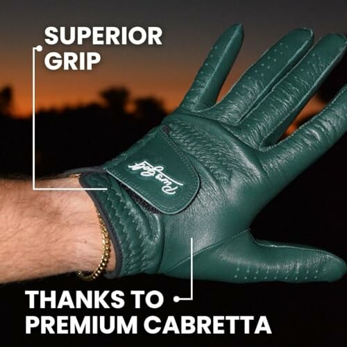 Green golf glove with superior grip text.