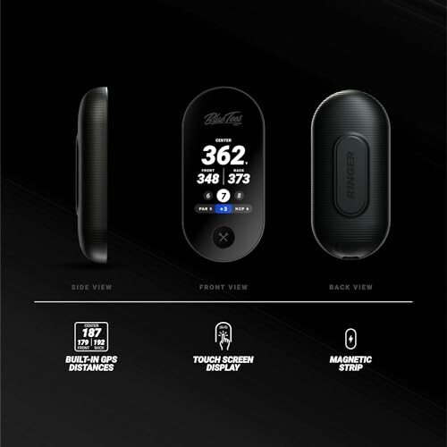 Golf GPS distance tracker displaying front, side, and back views.