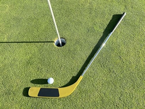 A hockey stick and golf ball near a hole on a putting green.