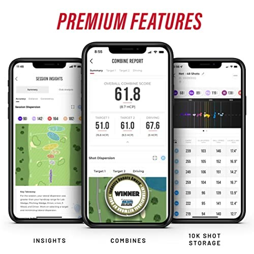 Three smartphones displaying golf performance app features including session insights, combine report, and shot storage.
