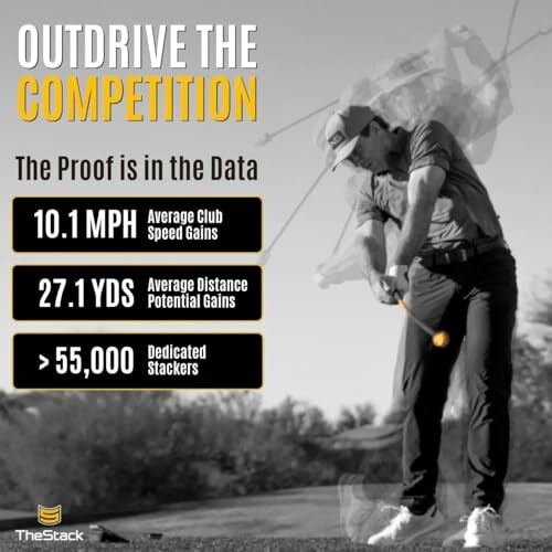Golfer swinging club with performance statistics overlay.