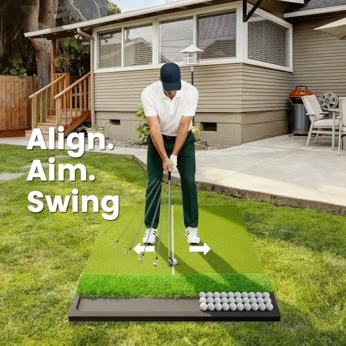 Person practicing golf swing on backyard mat.