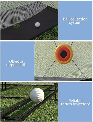 Three images showing a golf practice net with a ball collection system, a target cloth, and a reliable return trajectory