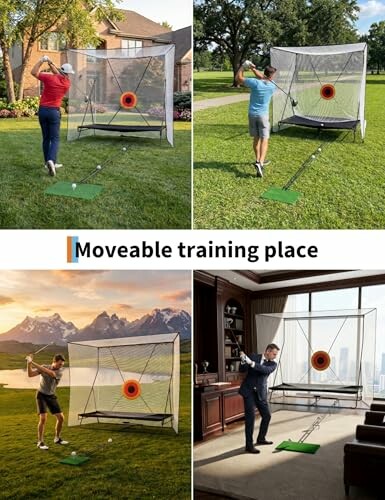 Four scenes of people using a golf practice net in different locations