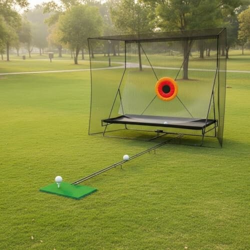 Golf practice net with target on a grassy field
