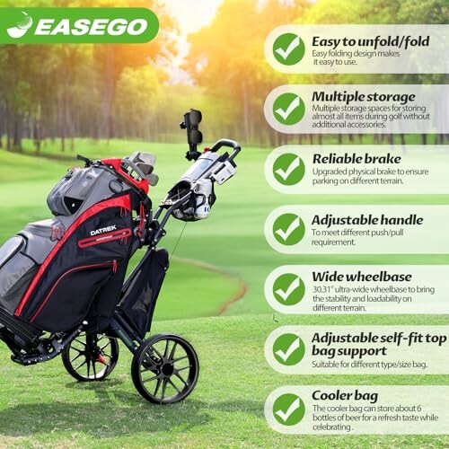 Golf push cart with various features highlighted, including easy unfold, multiple storage, reliable brake, adjustable handle, wide wheelbase, self-tip bag support, and cooler bag.