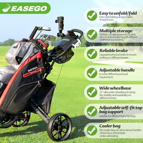 Golf push cart with various features highlighted.