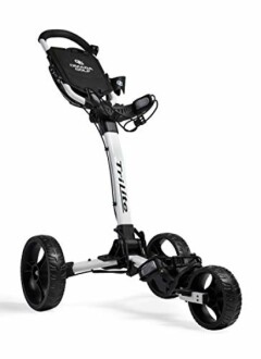 Three-wheeled golf push cart with storage compartment.