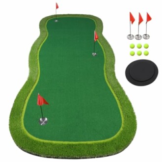 Golf putting green set with flags, balls, and hole.