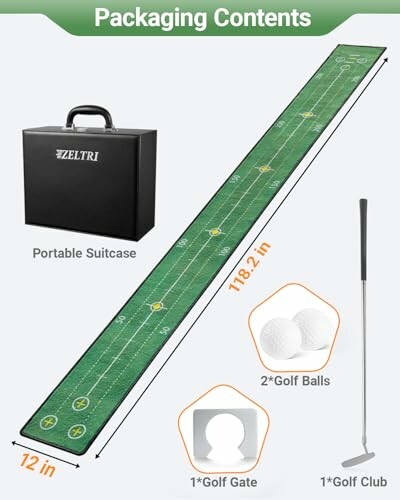 Golf putting mat with portable suitcase, golf balls, and club.
