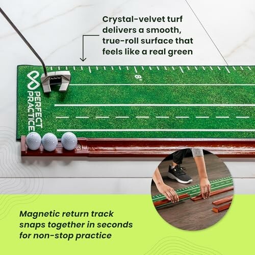 Golf putting mat with magnetic return track and crystal-velvet turf.