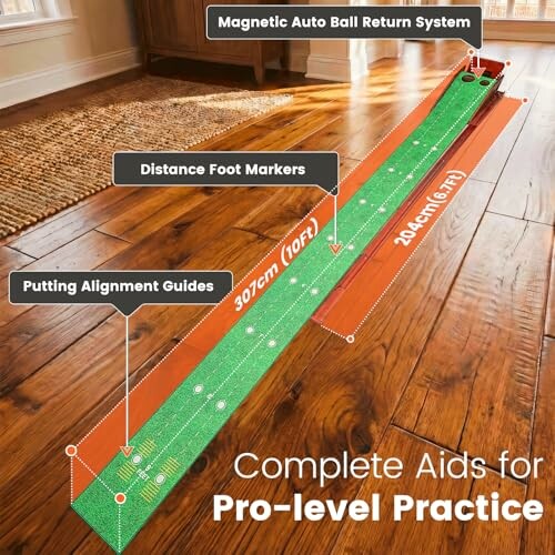 Indoor golf putting mat with alignment guides and distance markers.