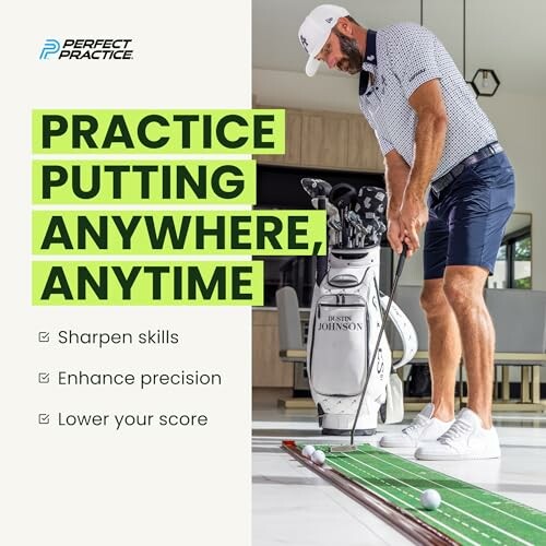 Man practicing putting indoors with a golf mat.