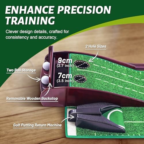 Golf putting return machine with two ball storage and removable wooden backstop.